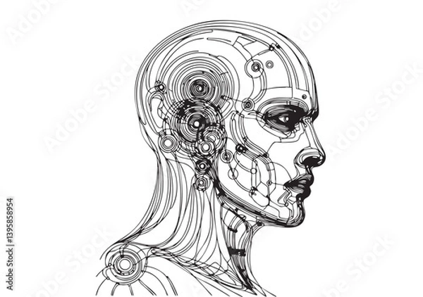 Fototapeta AI artificial intelligence and digital technology brain data robot conceptual. humanoid face line art