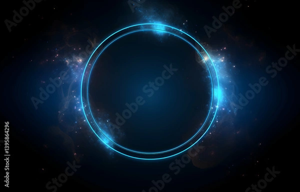 Fototapeta Abstract black background with a blue glowing circular frame, a smoke effect, and space for text