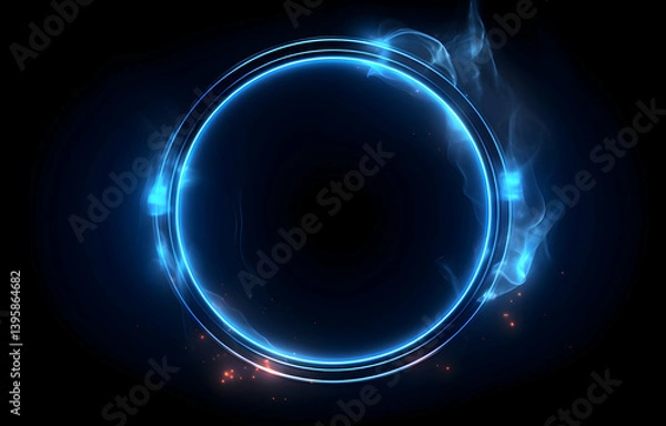 Fototapeta Abstract blue glowing light ring on a black background with smoke, a dark neon circle frame with space for text or design