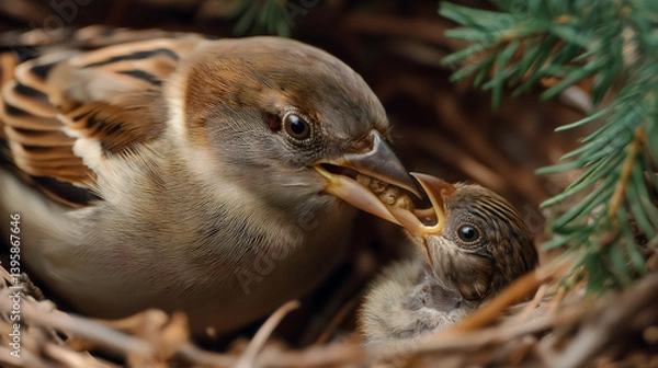 Obraz Generated image A sparrow in a nest, feeds its chick with its beak.