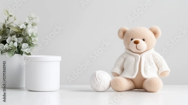 Fototapeta Teddy Bear with Yarn and Decor Minimalist Soft Lighting, Close-up Studio Shot, Knitted Sweater Detail, Sitting Pose, Neutral Nursery Scene, Calm Serene Mood, Ideal for Baby Product Ads