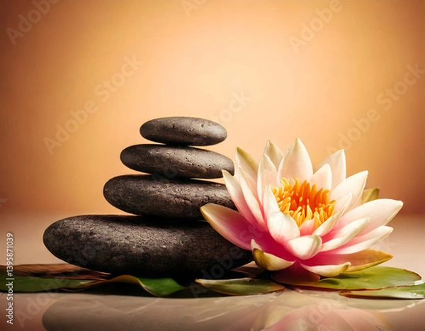 Fototapeta  Showcasing the balance and serenity of nature through a carefully stacked pile of stones and a delicate water lily, perfectly arranged in a serene spa setting.