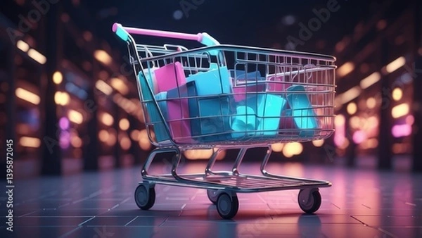 Fototapeta A digital, futuristic shopping cart set against a vibrant