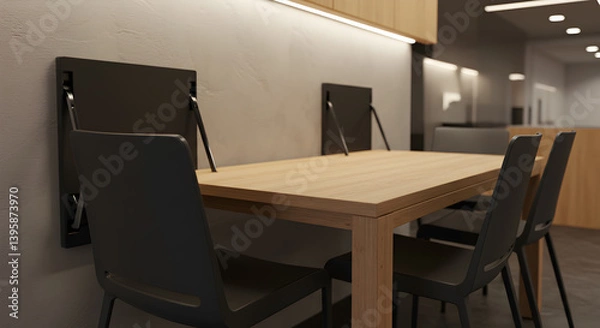 Fototapeta Modern Dining Area with Wall Mounted Folding Chairs For Space Saving