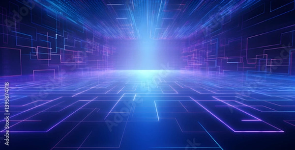 Fototapeta Blue background with digital data flowing in the center, blue gradient background, blue and purple color scheme,