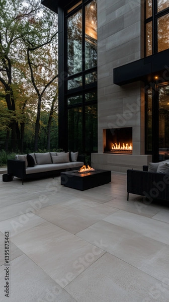Fototapeta Modern outdoor patio with fireplace and forest view