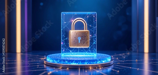 Fototapeta 3d pop up lock place in a frost glass platform with connected circuit, dark blue background with glowing lines and lock, gold, blue, purple, colors theme, minimalist, 