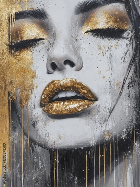 Obraz Artistic portrayal of a woman's face with striking gold details