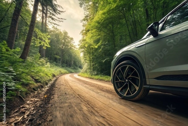 Fototapeta An suv on a dirt road winds its way through a beautiful, sun-drenched forest during the day.