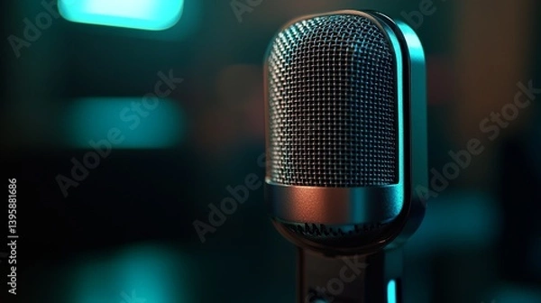 Fototapeta A handheld microphone with a sleek design, featuring a silver mesh head and black body—ideal for performances, recordings, and public speaking engagements
