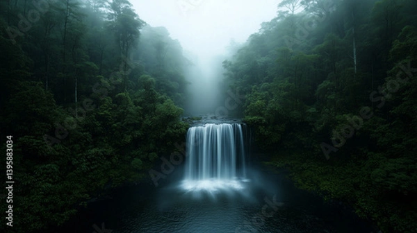 Fototapeta Majestic waterfall flowing in misty green tropical rainforest