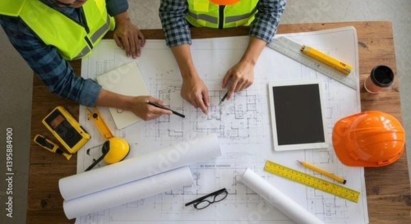 Fototapeta Construction workers reviewing blueprints and plans at a table with safety gear and digital tablet present