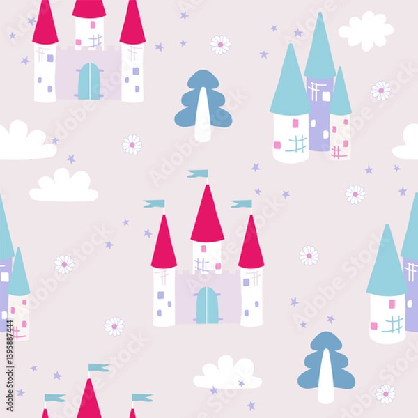 Fototapeta Seamless pattern with castles. Girlish cute print. Vector hand drawn illustration.