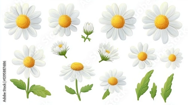 Fototapeta Close-up of chamomile or daisy flowers isolated on a white background with clipping path. A set of floating flowers, ideal for design, packaging, or labels, offering versatility for custom designs