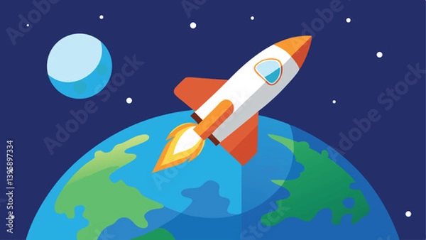 Fototapeta Futuristic Space Shuttle Above Earth in Orbit with Distant Galaxy Vector Illustration Background