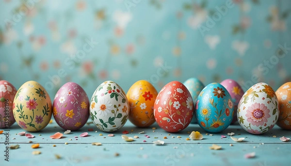 Fototapeta seasonal banner background with colorfull hand painted easter eggs on a table  