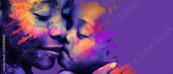 Fototapeta abstract artistic tender double exposure type portrait of happy, carring black mother and her child isolated over vibrant violet background; concept of mother's day 2025, parenting, expecting design