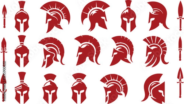 Fototapeta Spartan Helmet Silhouette Vector Icons Set – Ancient Warrior Headgear Collection