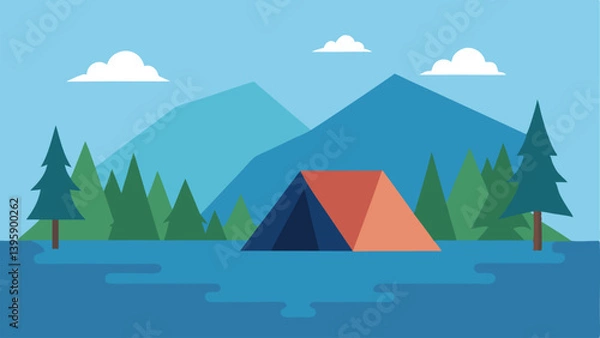 Fototapeta Tranquil Forest Lake with Tent at Sunrise Vector