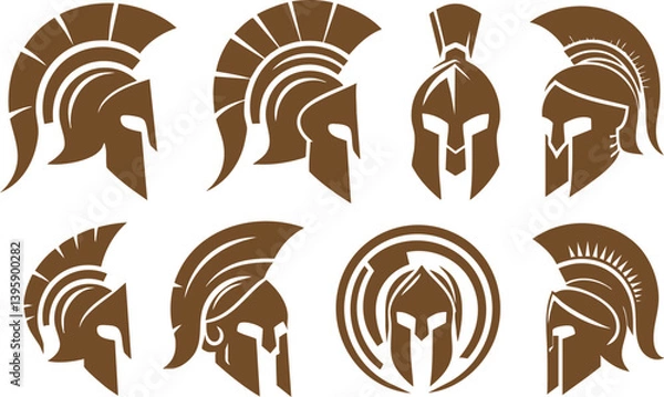 Fototapeta Spartan Helmet Silhouette Vector Icons Set – Ancient Warrior Headgear Collection