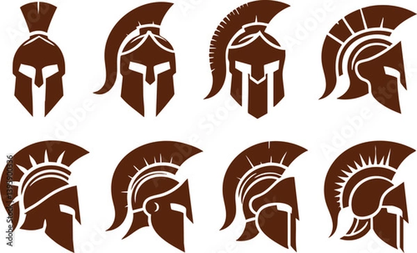 Fototapeta Spartan Helmet Silhouette Vector Icons Set – Ancient Warrior Headgear Collection