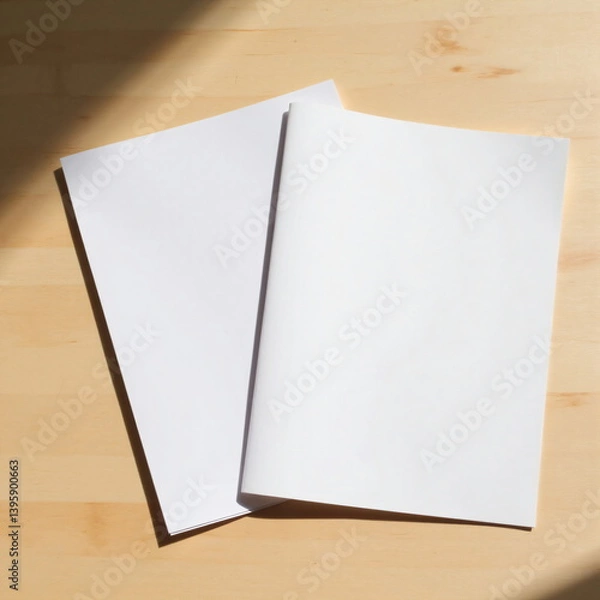 Fototapeta Two blank A4 sheets on light wood surface