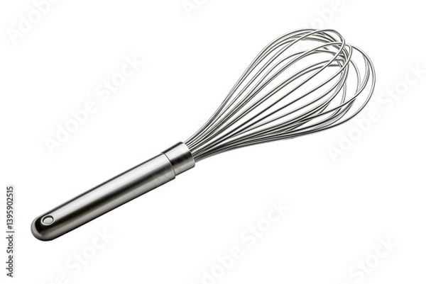 Fototapeta Hyper-realistic image of a metal whisk on a white background, isolated kitchen tool