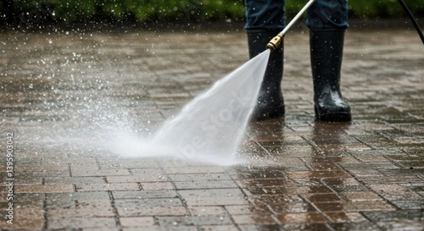Fototapeta Power washing a brick patio with a pressure washer creating a spray of water and visible splash zone