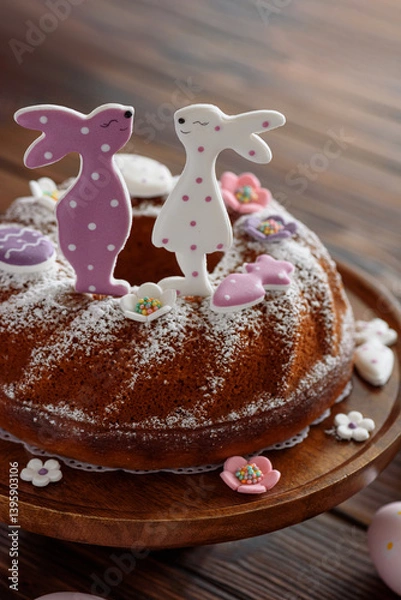 Fototapeta Traditional easter cakes with icing decorated with gingerbread cookies in shape of rabbits on dark wooden table