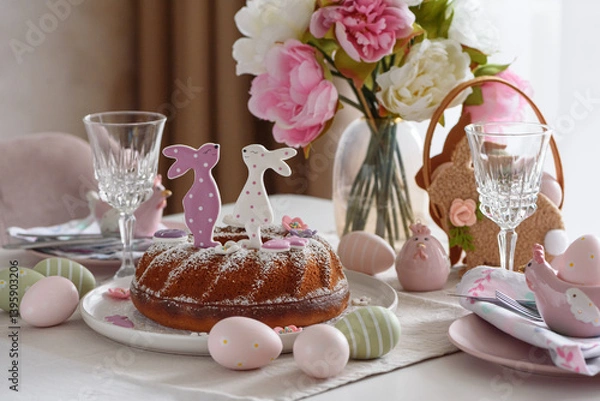 Fototapeta Table setting with traditional easter cakes with icing decorated with gingerbread cookies in shape of rabbits on white wooden table