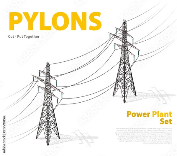 Fototapeta Vector high voltage pylon isolated on white background in isometric perspective. 3d metal pole voltage with typography. Industrial illustration. Power line pylon. Nuclear power station facilities.