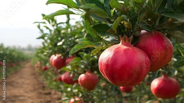 Fototapeta A grove of drought-resistant pomegranate trees producing fruit in an arid orchard,