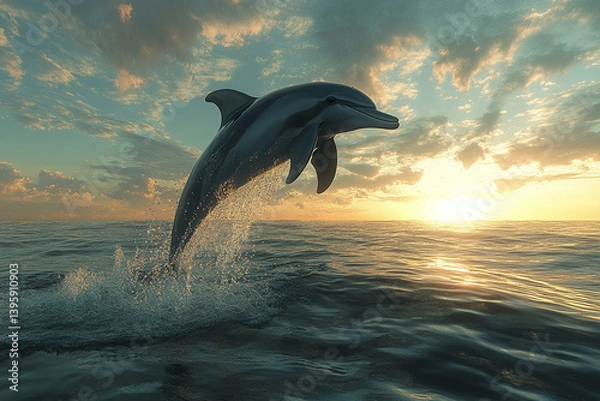 Obraz A dolphin leaps out of the water, showcasing its elegance and energy in a vibrant marine environment.