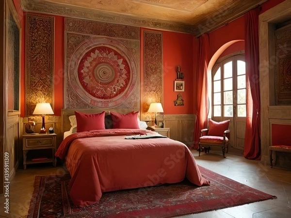 Obraz Wallpaper depicting a bedroom. A soothing and harmonious ensemble.