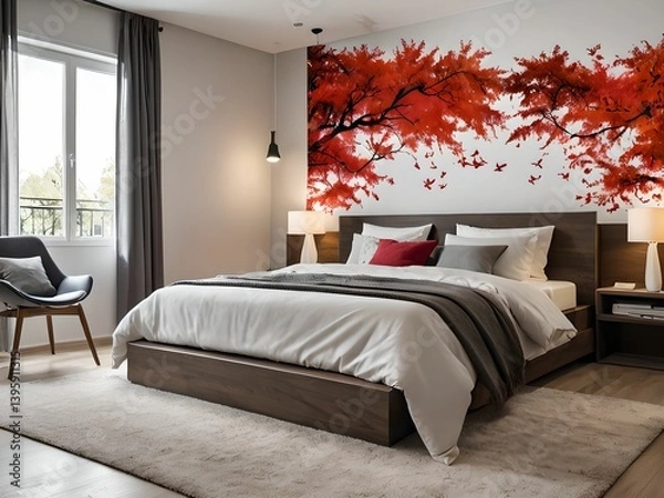 Obraz Wallpaper depicting a bedroom. A soothing and harmonious ensemble.