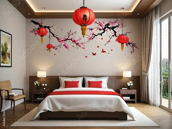 Obraz Wallpaper depicting a bedroom. A soothing and harmonious ensemble.