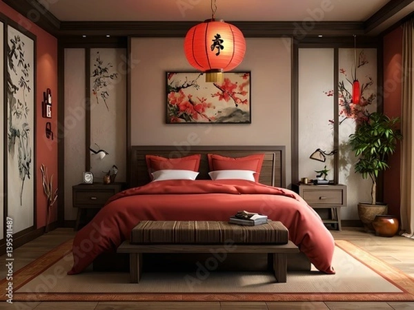 Obraz Wallpaper depicting a bedroom. A soothing and harmonious ensemble.