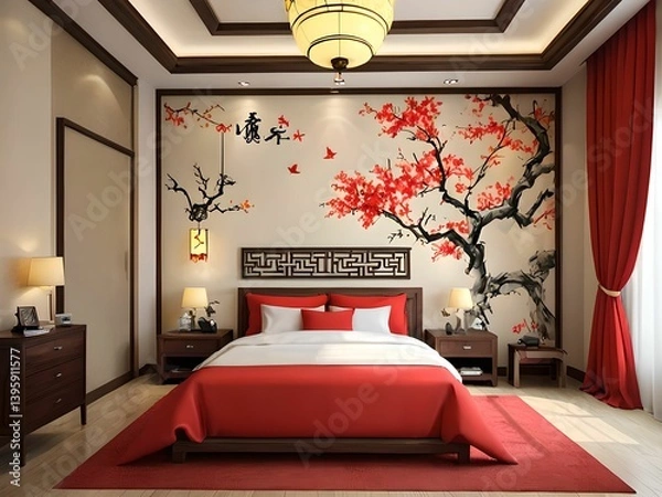 Obraz Wallpaper depicting a bedroom. A soothing and harmonious ensemble.