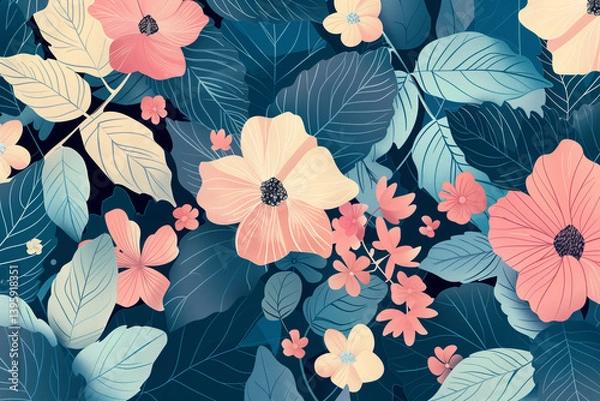 Fototapeta Blooming flowers and leaves background, with a mix of detailed and minimalist elements, in a harmonious color palette.