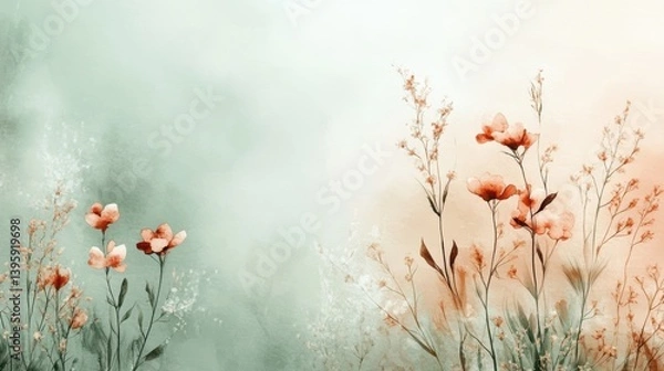 Obraz boho watercolor background, contemporary boho watercolor backdrop with soft sage, blush, and sand tones, dried florals, and copy space