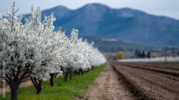 Obraz spring countryside beauty, picturesque spring countryside with blossoming orchards, plowed fields, and mountains in the distance, under serene sunlight
