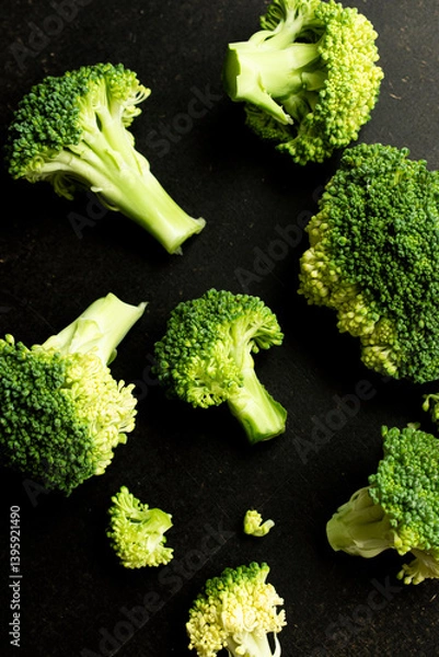 Obraz Vertical shot of fresh broccoli florets neatly arranged against a dark background, displaying their vibrant green color and natural texture