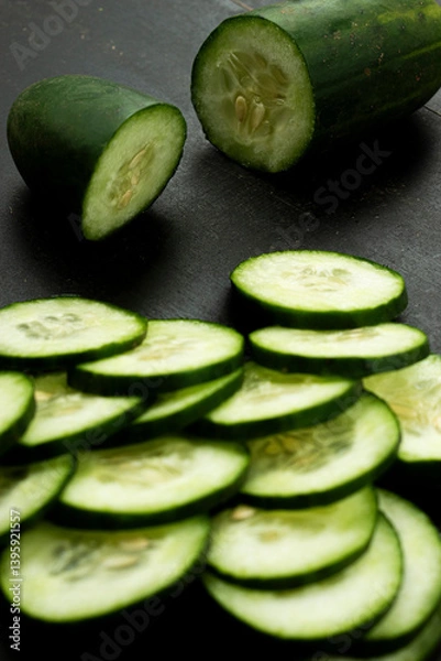 Obraz Close-up of sliced fresh cucumbers arranged on a dark background highlighting their texture and freshness, copy space.