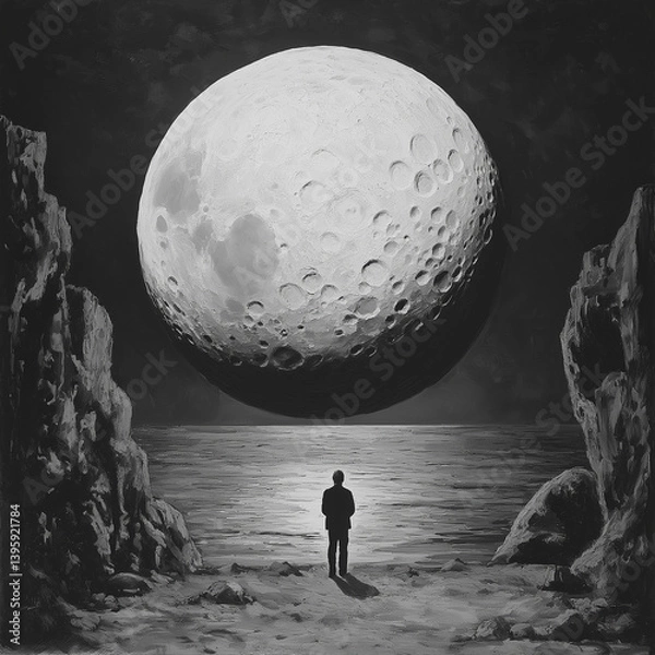 Obraz Man Watching Moon by Sea