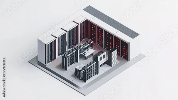Obraz An isometric-view image of a data center with neatly arranged server racks featuring red light effects, light-colored floors, and a modern minimalist design.