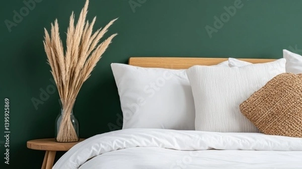 Fototapeta bohemian bedroom design, boho bedroom with sunlit sage walls, layered textiles, and modern-rustic mix, creating space for text