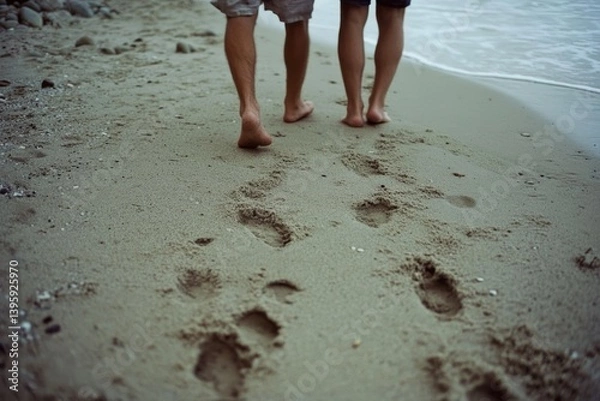 Obraz Two people walk along a sandy beach, leaving footprints behind, symbolizing shared moments and quiet companionship.