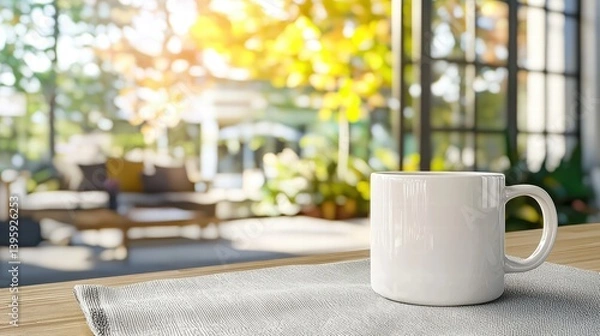 Fototapeta A close-up shot of a white ceramic coffee cup, empty and placed on a soft fabric surface, with a blurred home interior background.