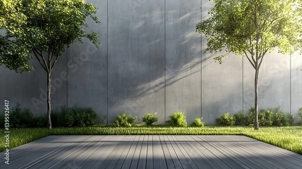 Obraz A modern minimalist house garden, with a gray wall background, wooden floor, and green grass