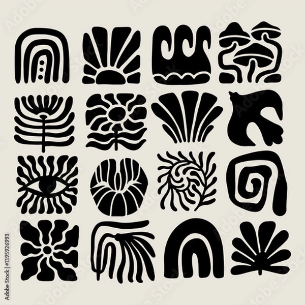 Fototapeta Trendy retro 70s-inspired groovy floral Matisse-style summer elements with leaf shapes, flowers, bird, rainbow, sea and sun , blending modern and organic elements. Vector